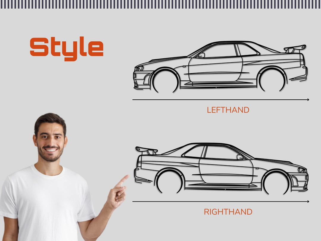 Skyline GTR 34, Detailed Silhouette Metal Wall Art