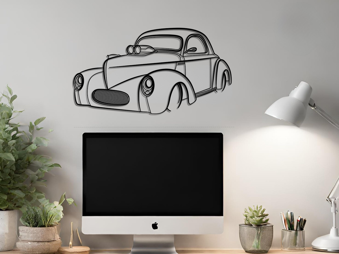 Modified 1941 Willy's Coupe Front Angle, Detailed Silhouette Metal Wall Art
