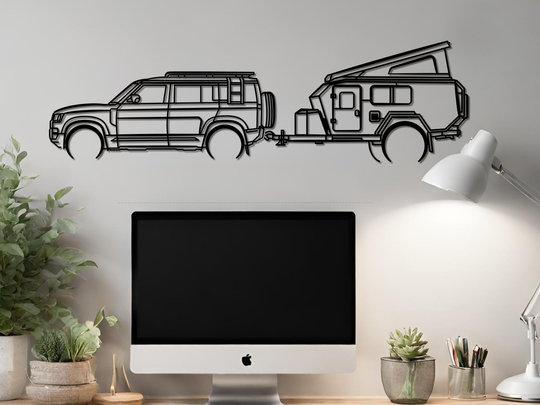 Defender 110 2022-2025 L663 with Camping Trailer, Detailed Silhouette Metal Wall Art