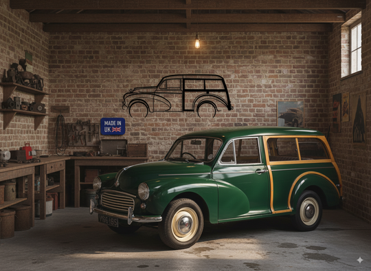 Morris Minor Traveler, Detailed Silhouette Metal Wall Art