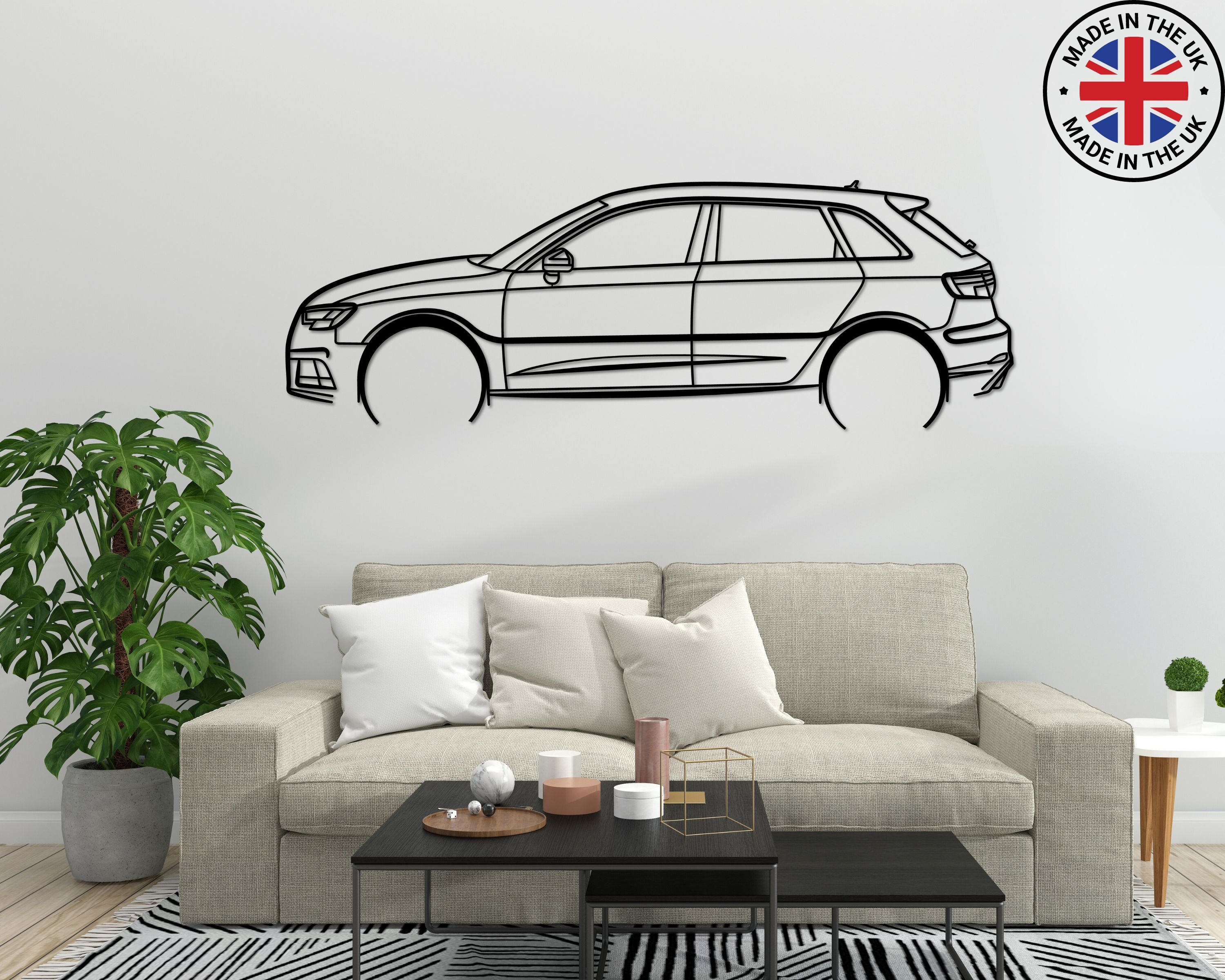 Audi A3 8V laser cut metal car wall art, mounted above couch