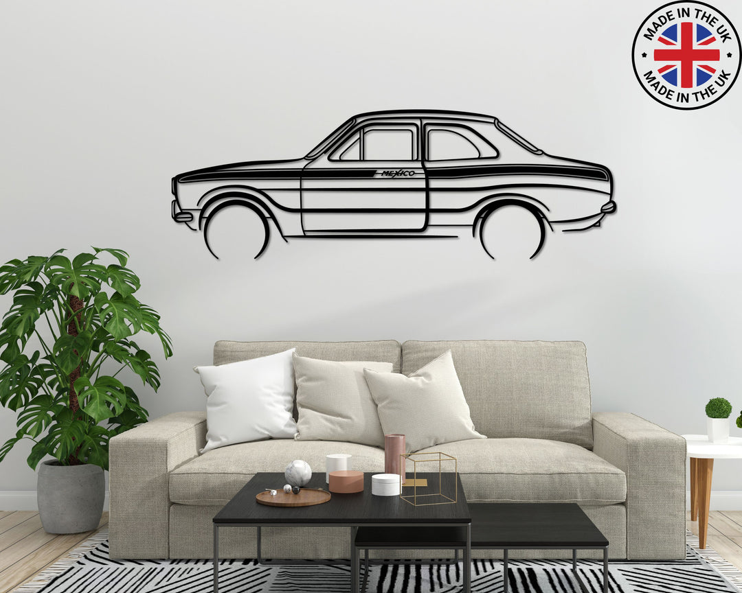 Ford Escort Mexico metal car silhouette wall art, mounted on wall above couch