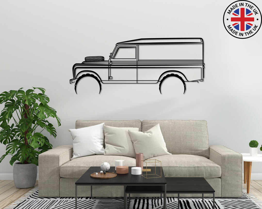 Land Rover 109 Series 3, metal car silhoette wall art, car wall art uk, for sale online, buy, order, side view