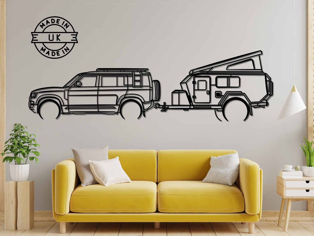 Defender 110 2022-2025 L663 with Camping Trailer, Detailed Silhouette Metal Wall Art