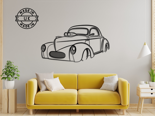 Modified 1941 Willy's Coupe Front Angle, Detailed Silhouette Metal Wall Art