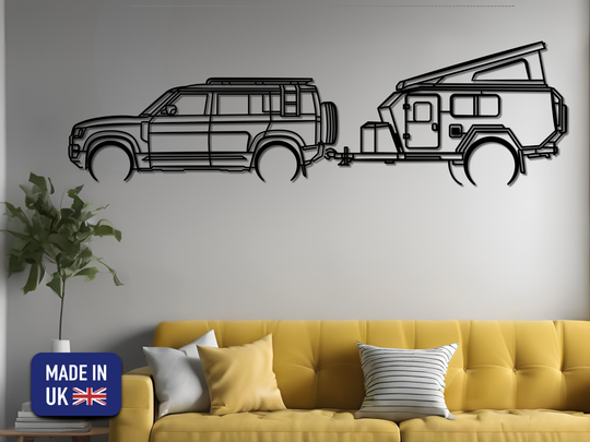 Defender 110 2022-2025 L663 with Camping Trailer, Detailed Silhouette Metal Wall Art