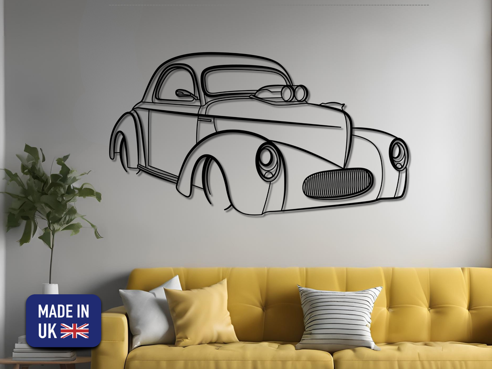 Modified 1941 Willy's Coupe Front Angle, Detailed Silhouette Metal Wall Art