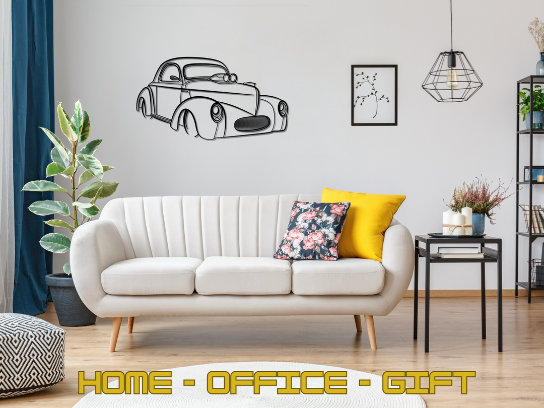Modified 1941 Willy's Coupe Front Angle, Detailed Silhouette Metal Wall Art