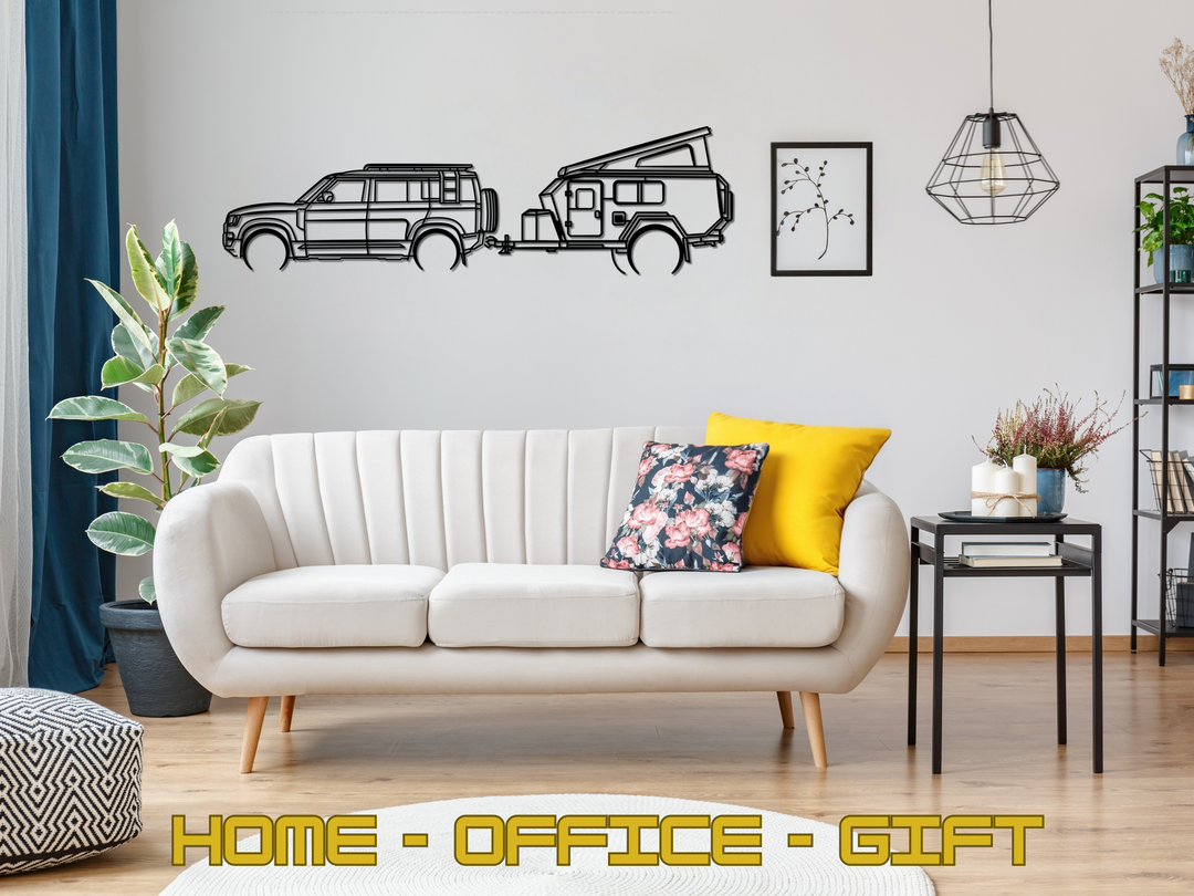 Defender 110 2022-2025 L663 with Camping Trailer, Detailed Silhouette Metal Wall Art