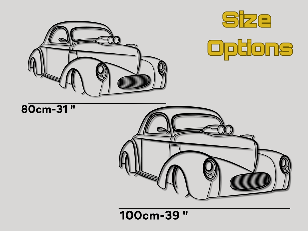 Modified 1941 Willy's Coupe Front Angle, Detailed Silhouette Metal Wall Art