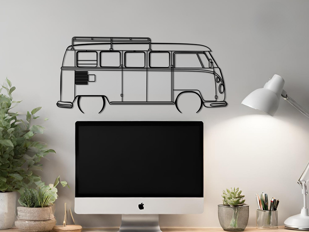 Modified T1 Split Screen Micro Bus, Detailed Silhouette Metal Wall Art