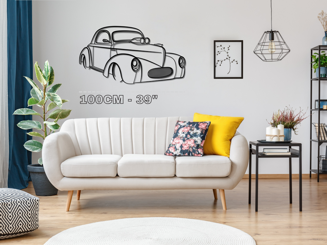 Modified 1941 Willy's Coupe Front Angle, Detailed Silhouette Metal Wall Art