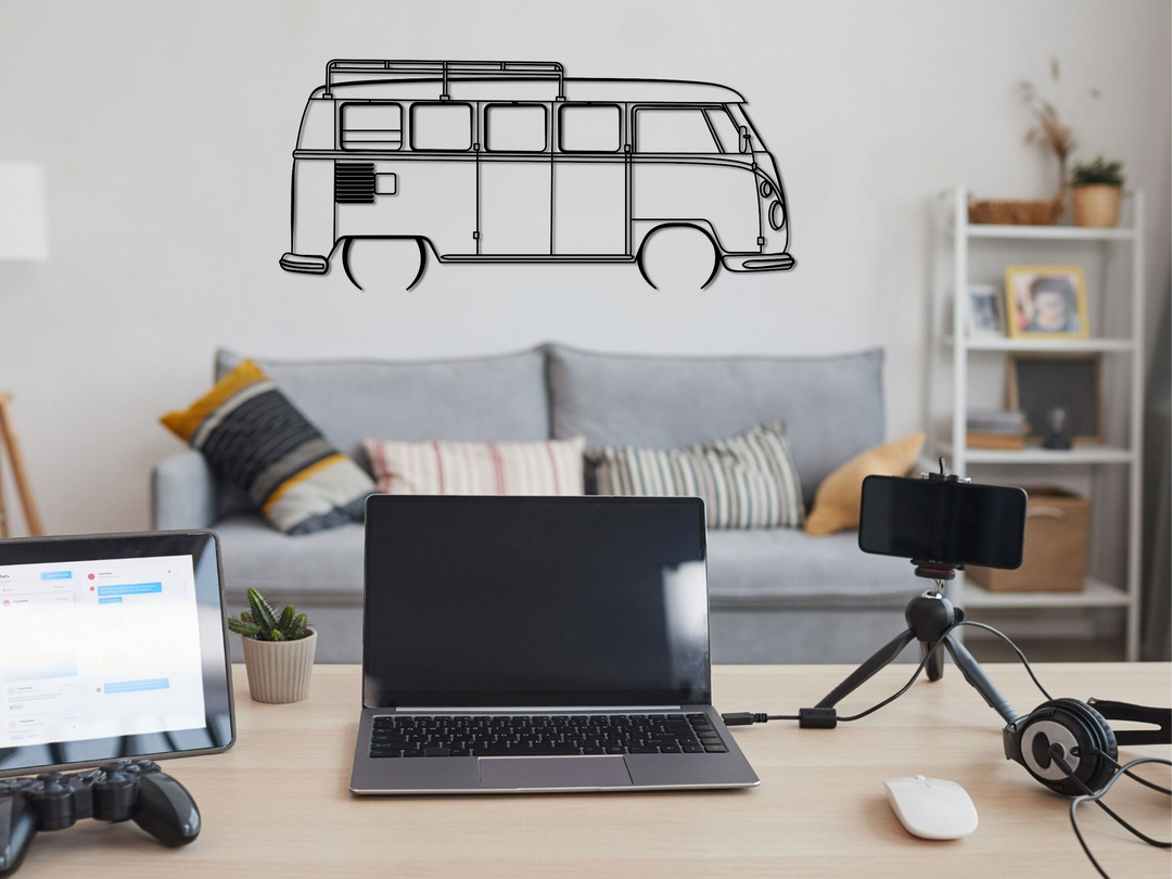 Modified T1 Split Screen Micro Bus, Detailed Silhouette Metal Wall Art